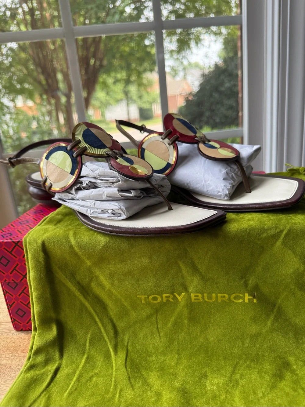 *New Tory Burch Marquetry Flat Disk Multi-color  leather sandal sz 8.5